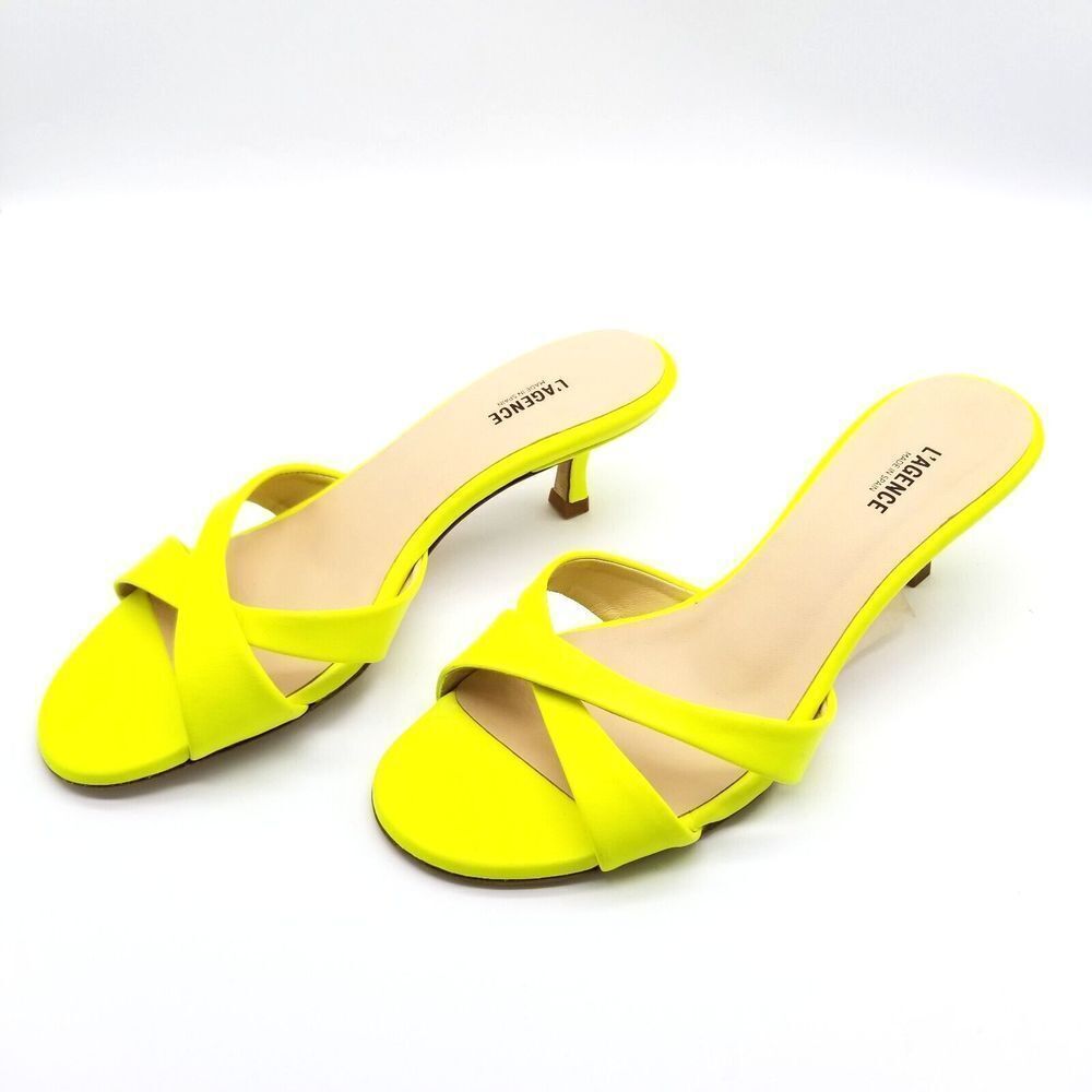 L'Agence Women Alesia Cris Cross Slide Sandals Size 5.5 Neon Yellow Leather Heel